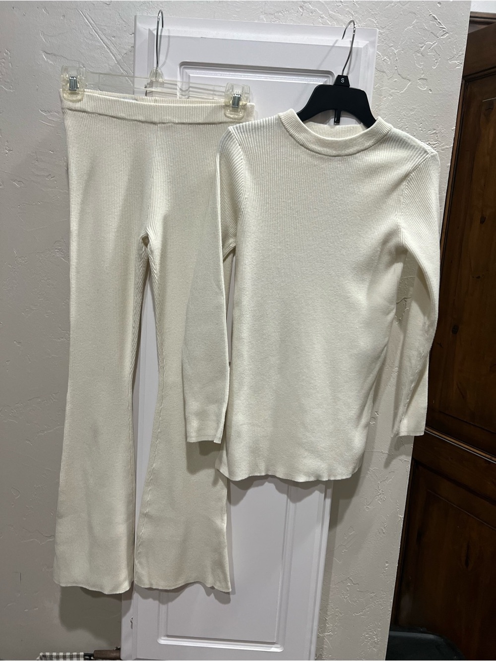 Cream Knit Two-Piece Set - Long Sleeve Top & Flared Pants